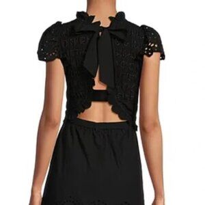 Tyler Boe Jessica Eyelet Ruffled Round Neck Cap Puff Sleeve Smocked A-Line Dress